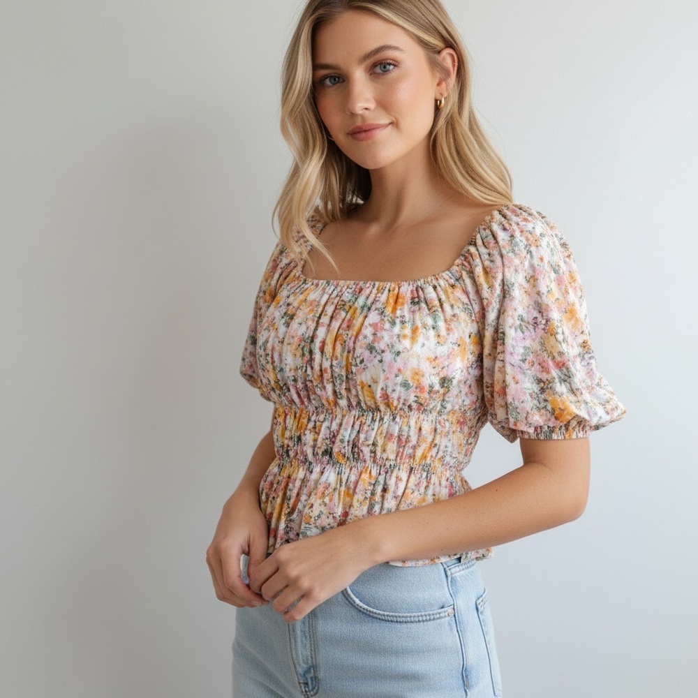 Altar'd State Smocked Puff Sleeve Cropped Floral Top - Picture 2 of 10
